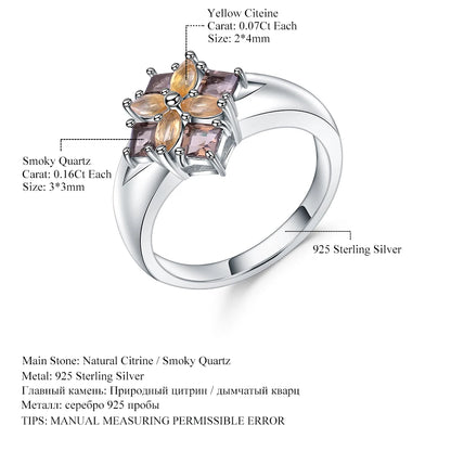 Gem's Ballet Multicolor Natural Smoky Quartz Citrine Cocktail Ring 925 Sterling Silver Flower Rings For Women Fine Jewelry