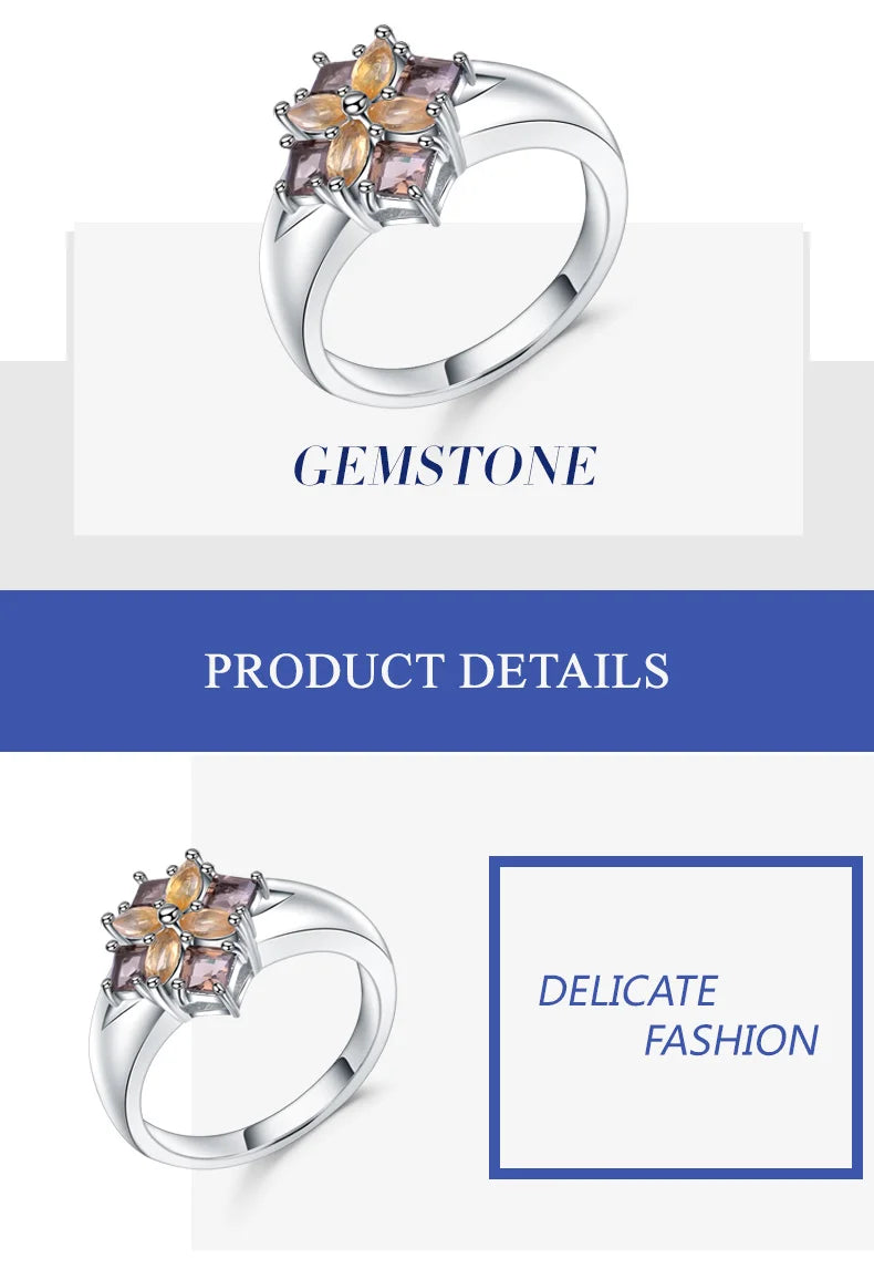 Gem's Ballet Multicolor Natural Smoky Quartz Citrine Cocktail Ring 925 Sterling Silver Flower Rings For Women Fine Jewelry