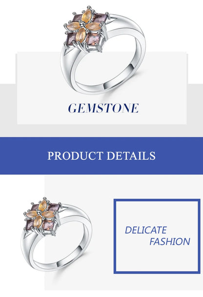 Gem's Ballet Multicolor Natural Smoky Quartz Citrine Cocktail Ring 925 Sterling Silver Flower Rings For Women Fine Jewelry