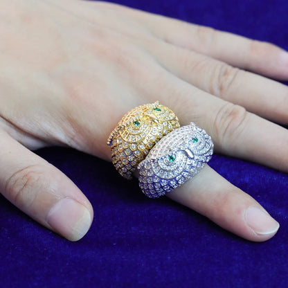 Bubble Letter Owl Iced Out Ring Men Real Gold Plated Brass Cubic Zircon Hip Hop Jewelry