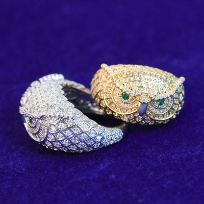Bubble Letter Owl Iced Out Ring Men Real Gold Plated Brass Cubic Zircon Hip Hop Jewelry