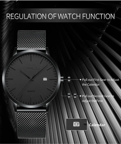 CRRJU Fashion Mens Watches Ultra Thin Quartz Watch Men Casual Slim Mesh Steel Waterproof Sport Watch Black Relogio Masculino