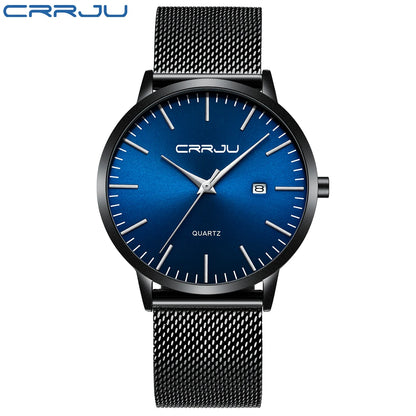 CRRJU Fashion Mens Watches Ultra Thin Quartz Watch Men Casual Slim Mesh Steel Waterproof Sport Watch Black Relogio Masculino