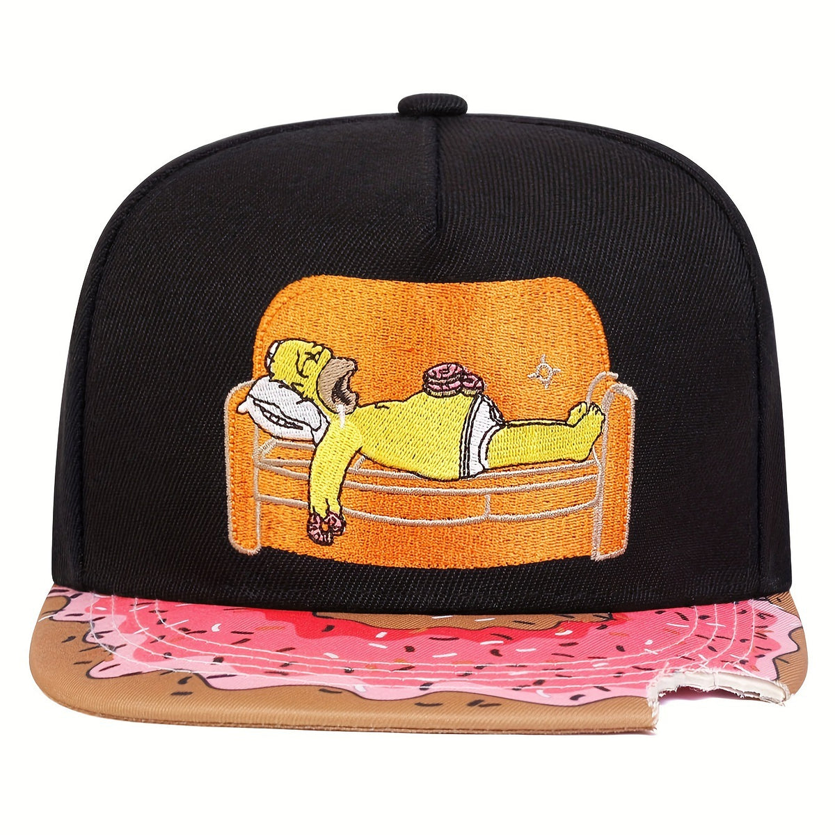Cartoon-Embroidered Flat-Brim Streetwear Snapback