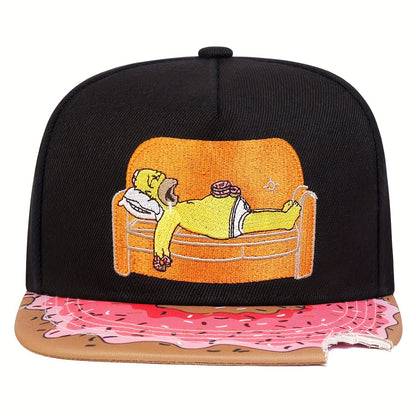 Cartoon-Embroidered Flat-Brim Streetwear Snapback