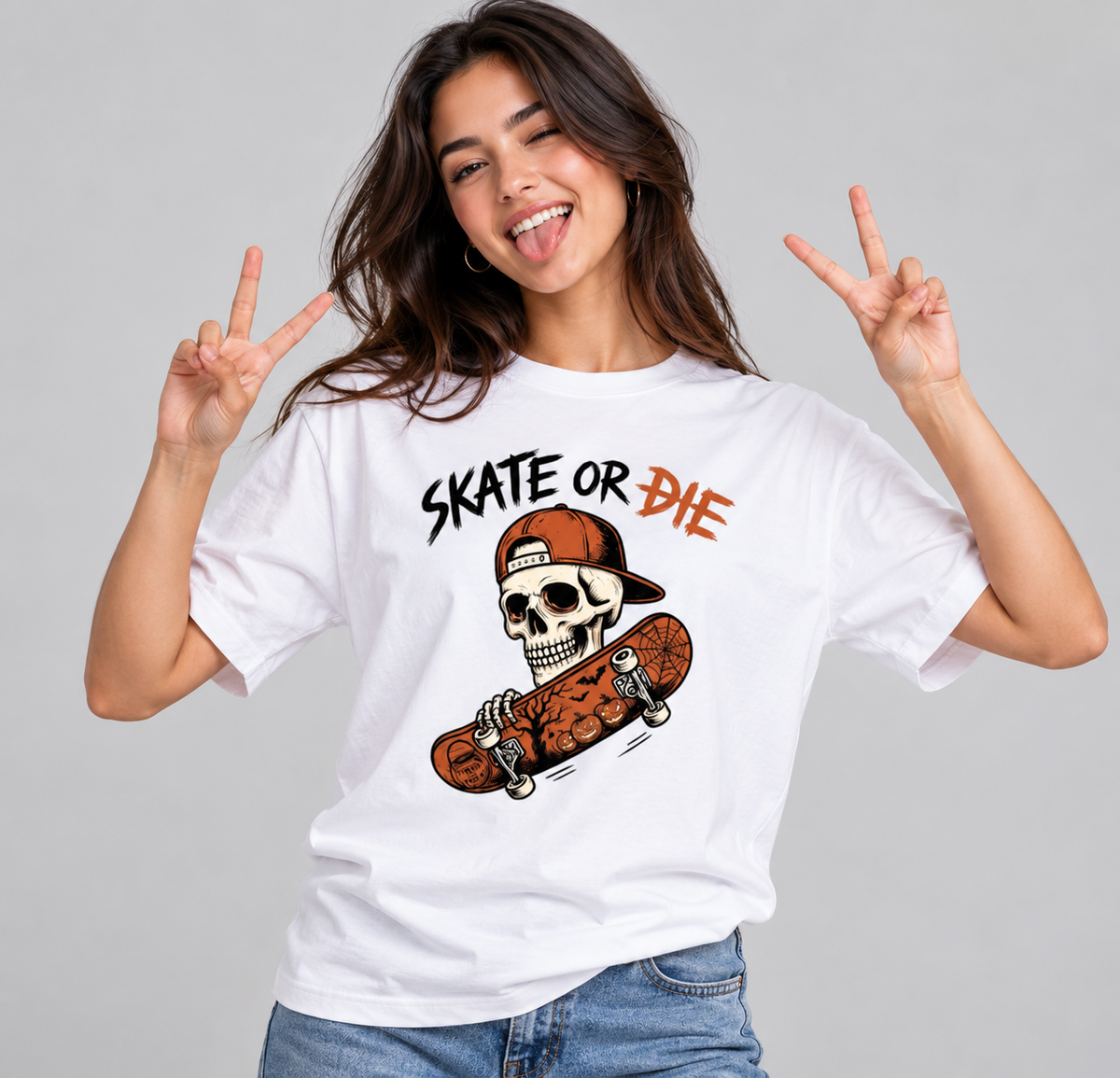 Skate or Die Skeleton Skateboarding Graphic Drop Shoulder Tee