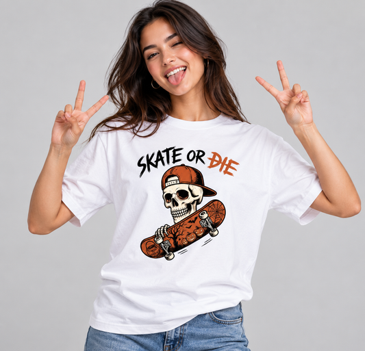 Skate or Die Skeleton Skateboarding Graphic Drop Shoulder Tee