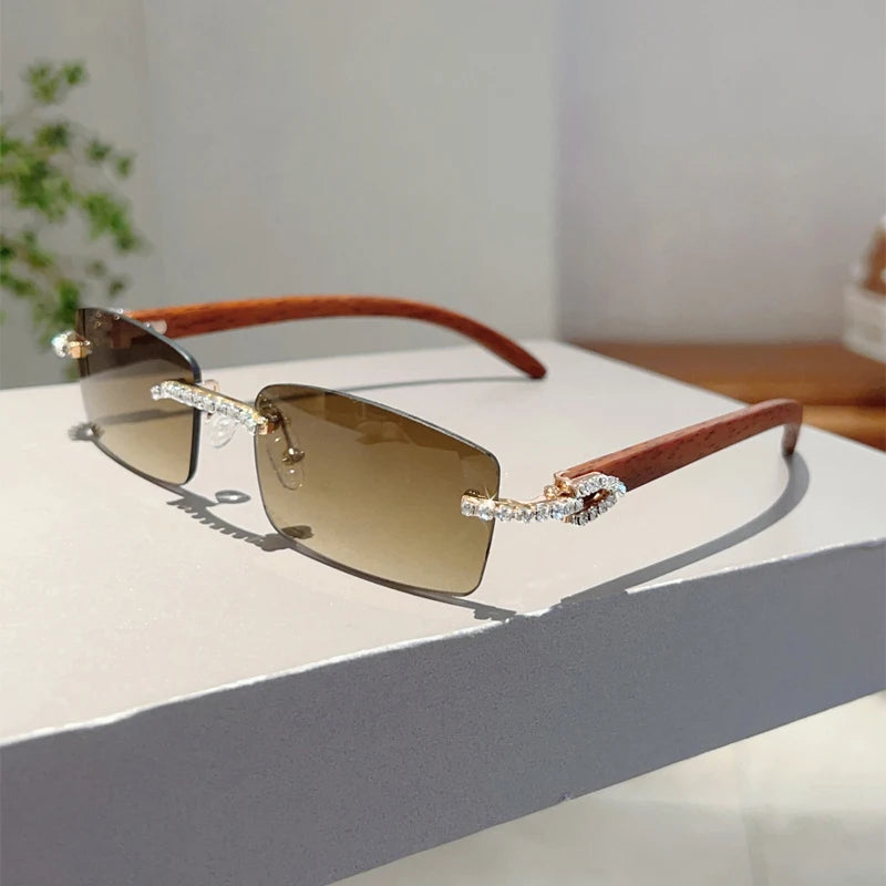 KAMMPT Stylish Rimless Metal Pink Shades Women's New Fashion Korean Style Sweet Sunglasses Chic Crystal Shiny Travel Sun Glasses