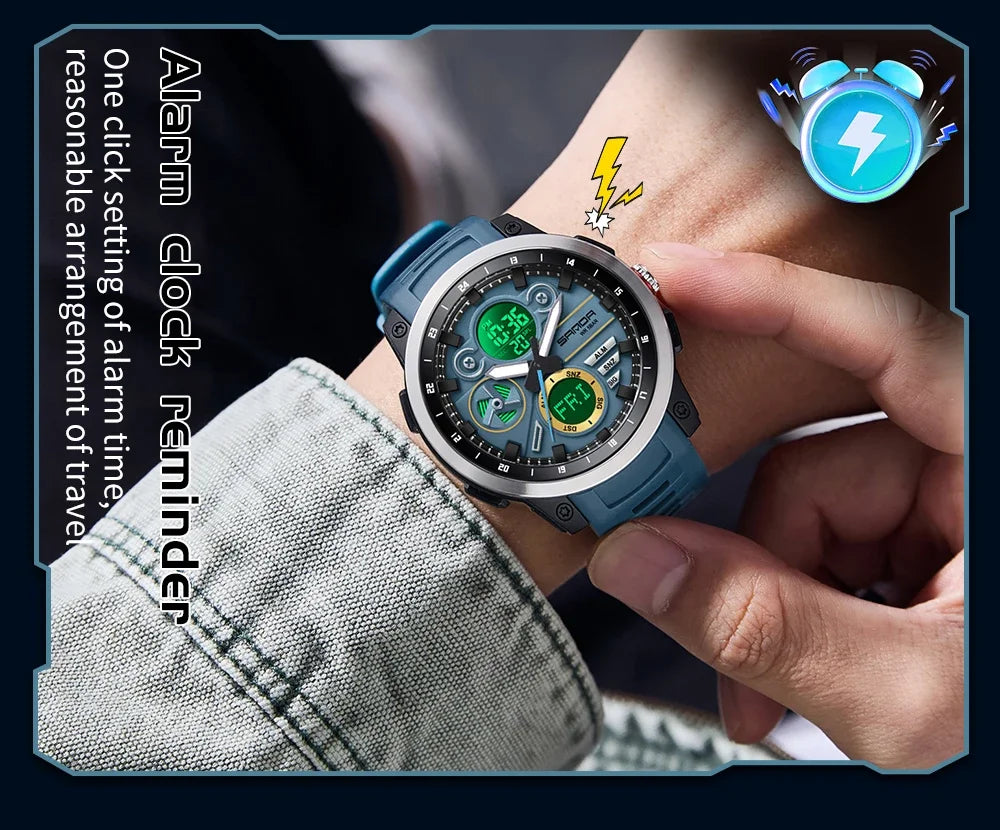 SANDA 3379 Fashion Men's Electronic Watch Dual Screen Sports Type Multi functional Waterproof LED Leisure Men's Electronic Watch