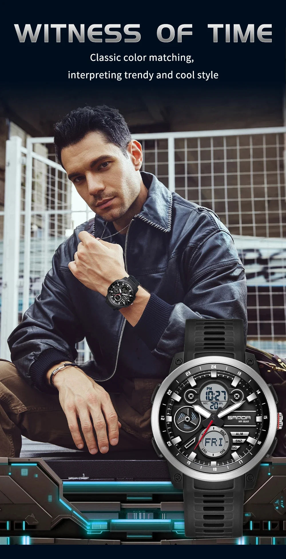 SANDA 3379 Fashion Men's Electronic Watch Dual Screen Sports Type Multi functional Waterproof LED Leisure Men's Electronic Watch