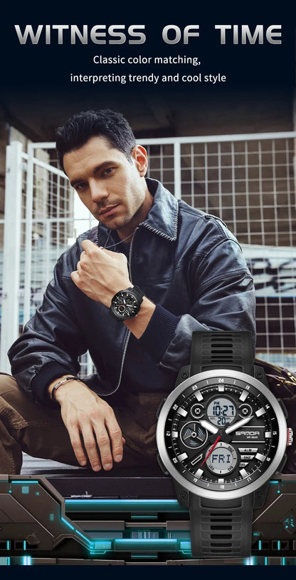 SANDA 3379 Fashion Men's Electronic Watch Dual Screen Sports Type Multi functional Waterproof LED Leisure Men's Electronic Watch