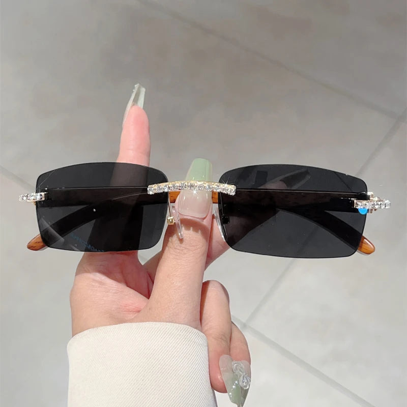 KAMMPT Stylish Rimless Metal Pink Shades Women's New Fashion Korean Style Sweet Sunglasses Chic Crystal Shiny Travel Sun Glasses