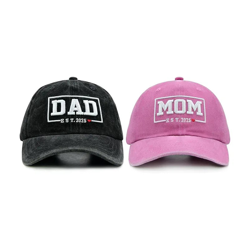 DAD & MOM Embroidered Washed-Cotton Cap Set — 2 Pieces