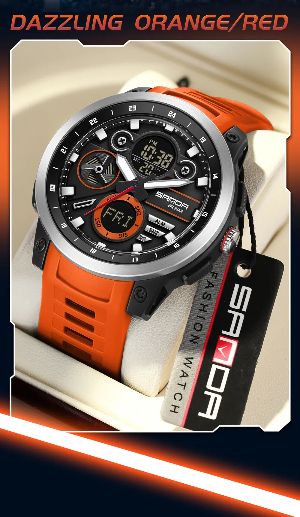 SANDA 3379 Fashion Men's Electronic Watch Dual Screen Sports Type Multi functional Waterproof LED Leisure Men's Electronic Watch