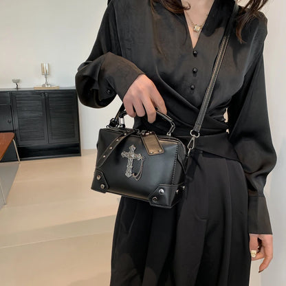 Women Gothic Punk Square Small Crossbody Handbag with Top Handle Skull Crosses Chain PU Leather Shoulder Bag Purse