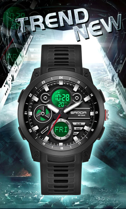 SANDA 3379 Fashion Men's Electronic Watch Dual Screen Sports Type Multi functional Waterproof LED Leisure Men's Electronic Watch