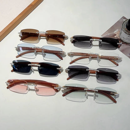 KAMMPT Stylish Rimless Metal Pink Shades Women's New Fashion Korean Style Sweet Sunglasses Chic Crystal Shiny Travel Sun Glasses