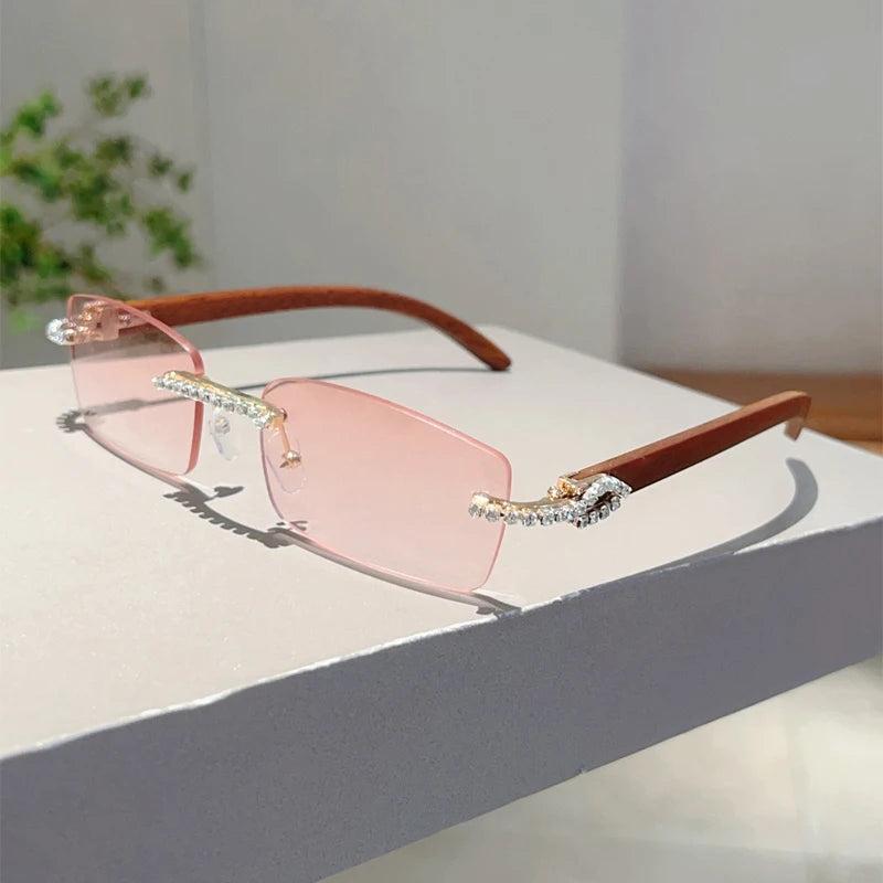 KAMMPT Stylish Rimless Metal Pink Shades Women's New Fashion Korean Style Sweet Sunglasses Chic Crystal Shiny Travel Sun Glasses