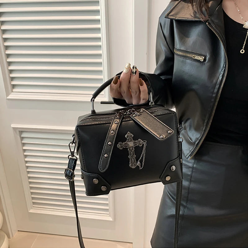 Women Gothic Punk Square Small Crossbody Handbag with Top Handle Skull Crosses Chain PU Leather Shoulder Bag Purse