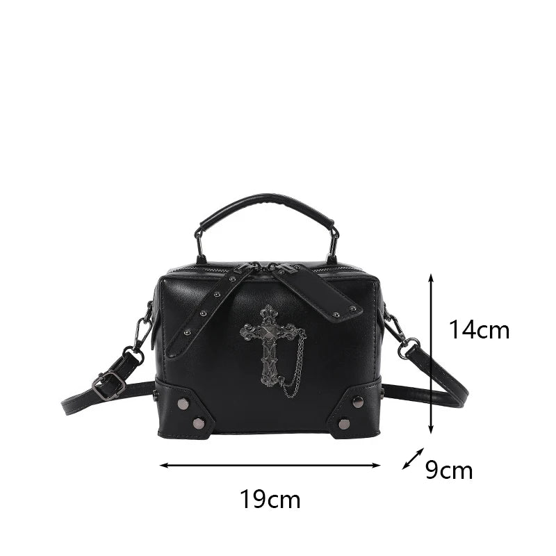 Women Gothic Punk Square Small Crossbody Handbag with Top Handle Skull Crosses Chain PU Leather Shoulder Bag Purse