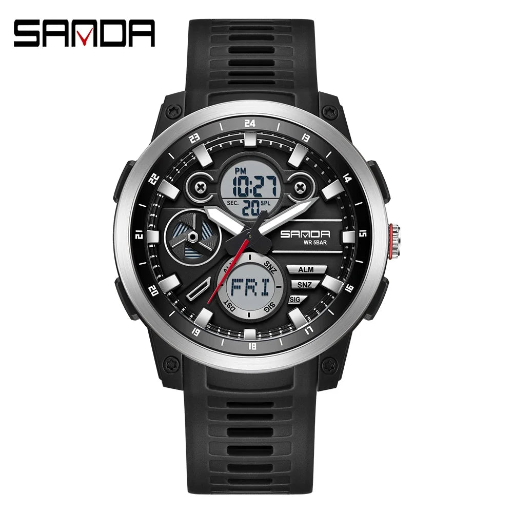 SANDA 3379 Fashion Men's Electronic Watch Dual Screen Sports Type Multi functional Waterproof LED Leisure Men's Electronic Watch