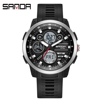 SANDA 3379 Fashion Men's Electronic Watch Dual Screen Sports Type Multi functional Waterproof LED Leisure Men's Electronic Watch