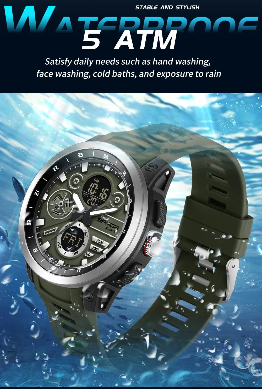 SANDA 3379 Fashion Men's Electronic Watch Dual Screen Sports Type Multi functional Waterproof LED Leisure Men's Electronic Watch