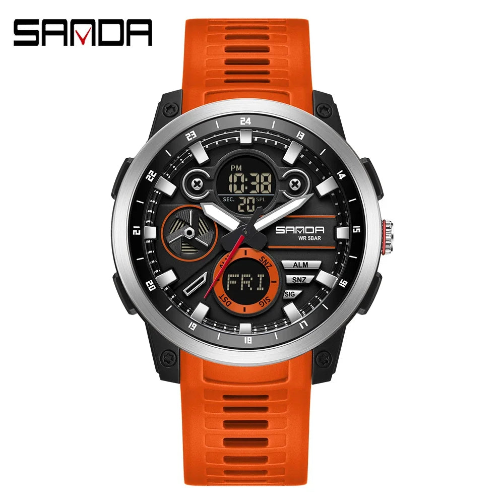SANDA 3379 Fashion Men's Electronic Watch Dual Screen Sports Type Multi functional Waterproof LED Leisure Men's Electronic Watch