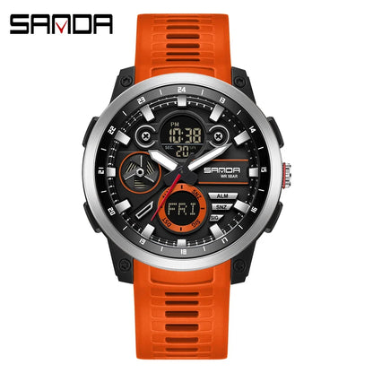 SANDA 3379 Fashion Men's Electronic Watch Dual Screen Sports Type Multi functional Waterproof LED Leisure Men's Electronic Watch