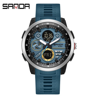 SANDA 3379 Fashion Men's Electronic Watch Dual Screen Sports Type Multi functional Waterproof LED Leisure Men's Electronic Watch