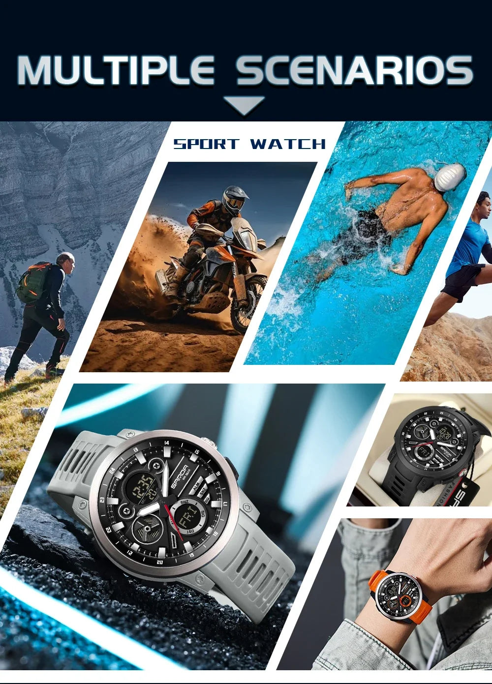 SANDA 3379 Fashion Men's Electronic Watch Dual Screen Sports Type Multi functional Waterproof LED Leisure Men's Electronic Watch