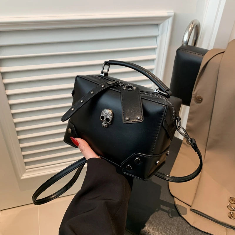 Women Gothic Punk Square Small Crossbody Handbag with Top Handle Skull Crosses Chain PU Leather Shoulder Bag Purse
