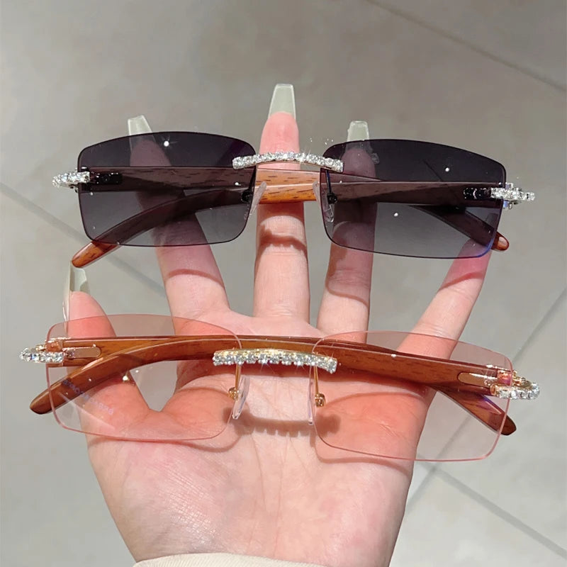 KAMMPT Stylish Rimless Metal Pink Shades Women's New Fashion Korean Style Sweet Sunglasses Chic Crystal Shiny Travel Sun Glasses