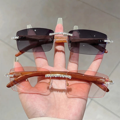 KAMMPT Stylish Rimless Metal Pink Shades Women's New Fashion Korean Style Sweet Sunglasses Chic Crystal Shiny Travel Sun Glasses