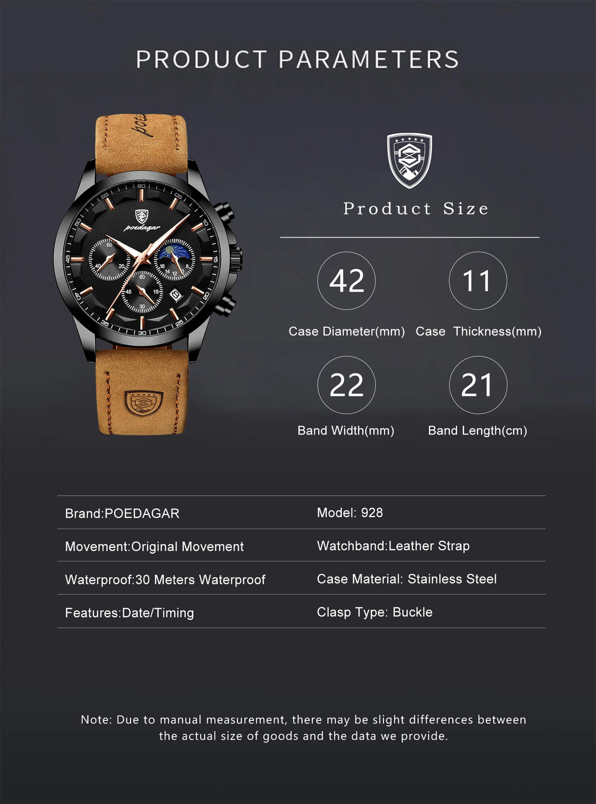 POEDAGAR Fashion Business Men Quartz Watch Waterproof Chronograph Luminous Date Man Wristwatch Leather Men's Watches Clock Reloj