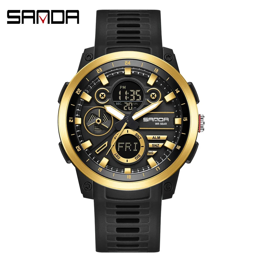 SANDA 3379 Fashion Men's Electronic Watch Dual Screen Sports Type Multi functional Waterproof LED Leisure Men's Electronic Watch