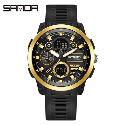 SANDA 3379 Fashion Men's Electronic Watch Dual Screen Sports Type Multi functional Waterproof LED Leisure Men's Electronic Watch