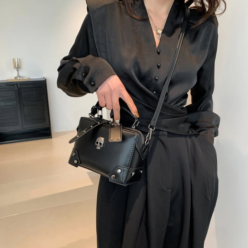 Women Gothic Punk Square Small Crossbody Handbag with Top Handle Skull Crosses Chain PU Leather Shoulder Bag Purse