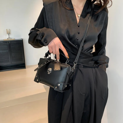 Women Gothic Punk Square Small Crossbody Handbag with Top Handle Skull Crosses Chain PU Leather Shoulder Bag Purse