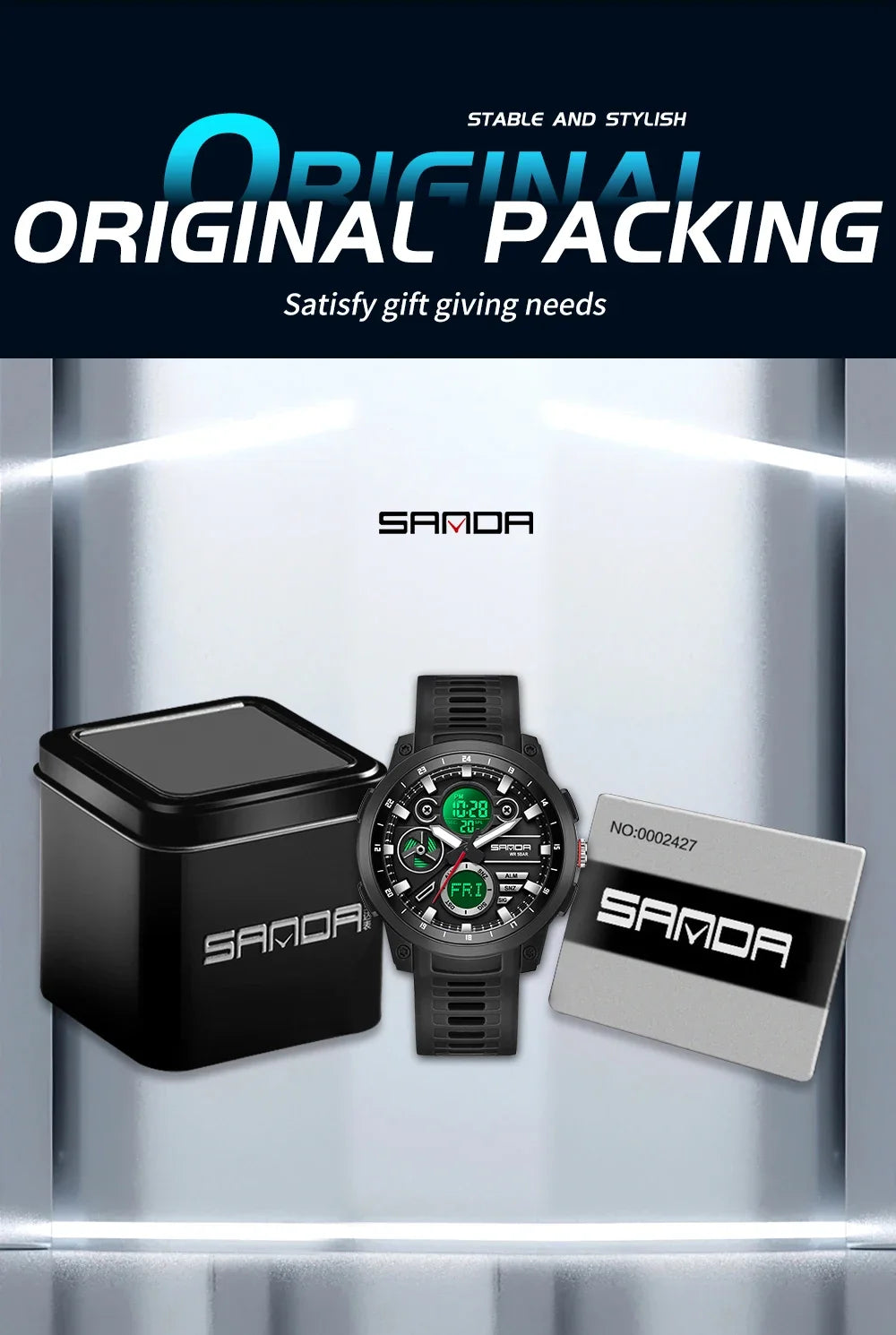 SANDA 3379 Fashion Men's Electronic Watch Dual Screen Sports Type Multi functional Waterproof LED Leisure Men's Electronic Watch