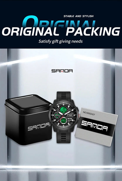 SANDA 3379 Fashion Men's Electronic Watch Dual Screen Sports Type Multi functional Waterproof LED Leisure Men's Electronic Watch