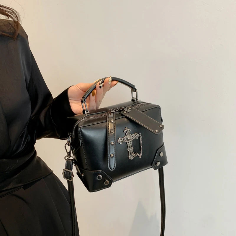 Women Gothic Punk Square Small Crossbody Handbag with Top Handle Skull Crosses Chain PU Leather Shoulder Bag Purse