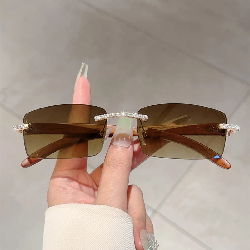 KAMMPT Stylish Rimless Metal Pink Shades Women's New Fashion Korean Style Sweet Sunglasses Chic Crystal Shiny Travel Sun Glasses