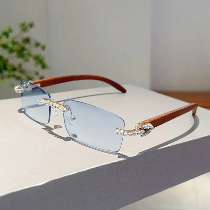 KAMMPT Stylish Rimless Metal Pink Shades Women's New Fashion Korean Style Sweet Sunglasses Chic Crystal Shiny Travel Sun Glasses
