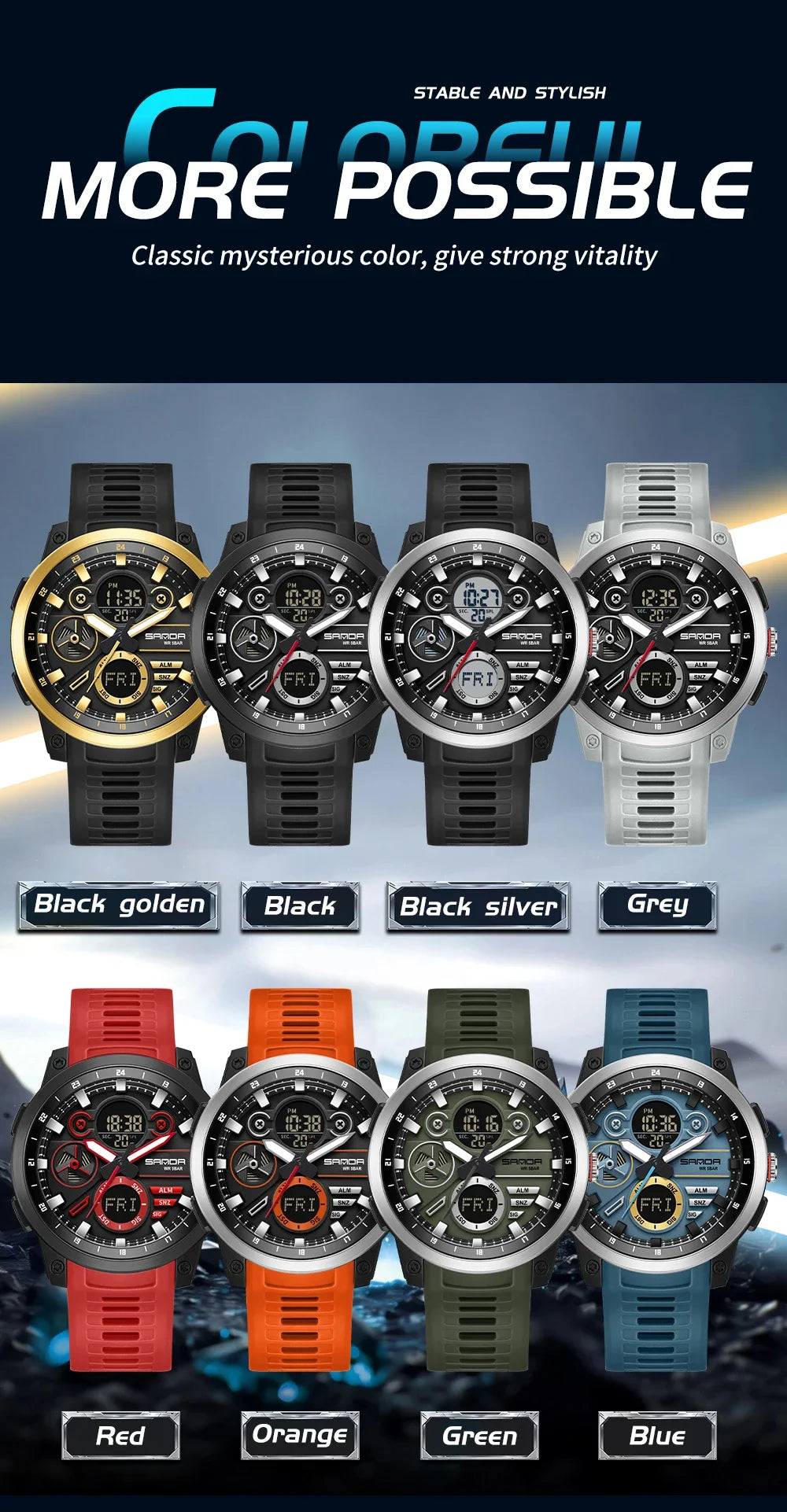 SANDA 3379 Fashion Men's Electronic Watch Dual Screen Sports Type Multi functional Waterproof LED Leisure Men's Electronic Watch