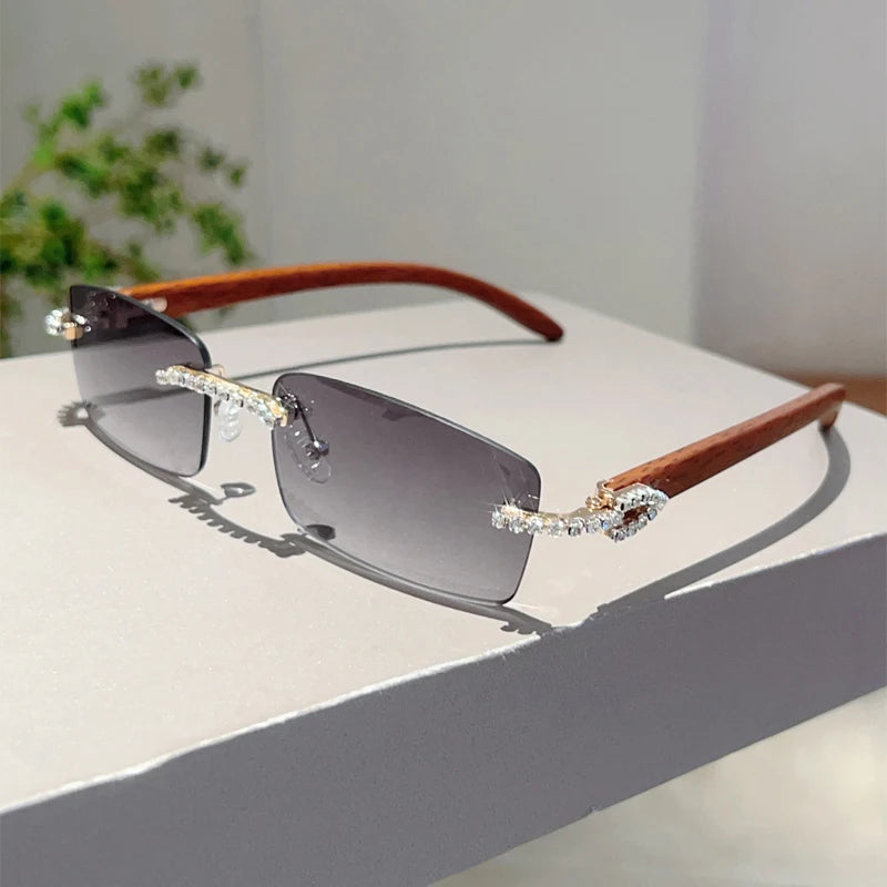KAMMPT Stylish Rimless Metal Pink Shades Women's New Fashion Korean Style Sweet Sunglasses Chic Crystal Shiny Travel Sun Glasses