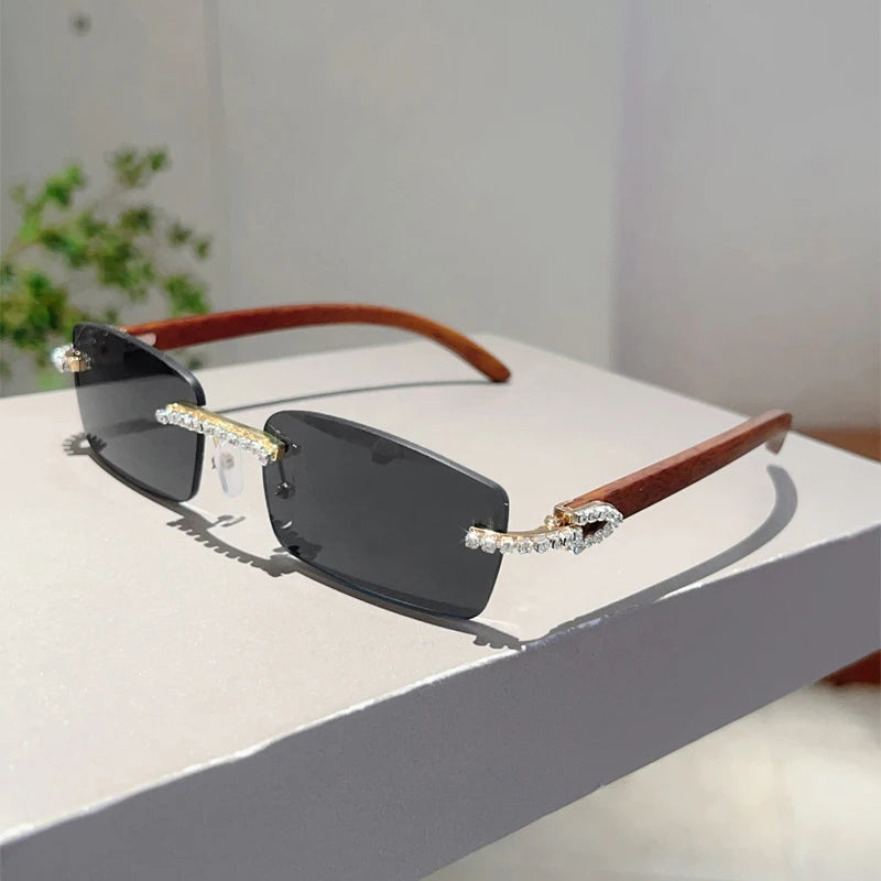 KAMMPT Stylish Rimless Metal Pink Shades Women's New Fashion Korean Style Sweet Sunglasses Chic Crystal Shiny Travel Sun Glasses