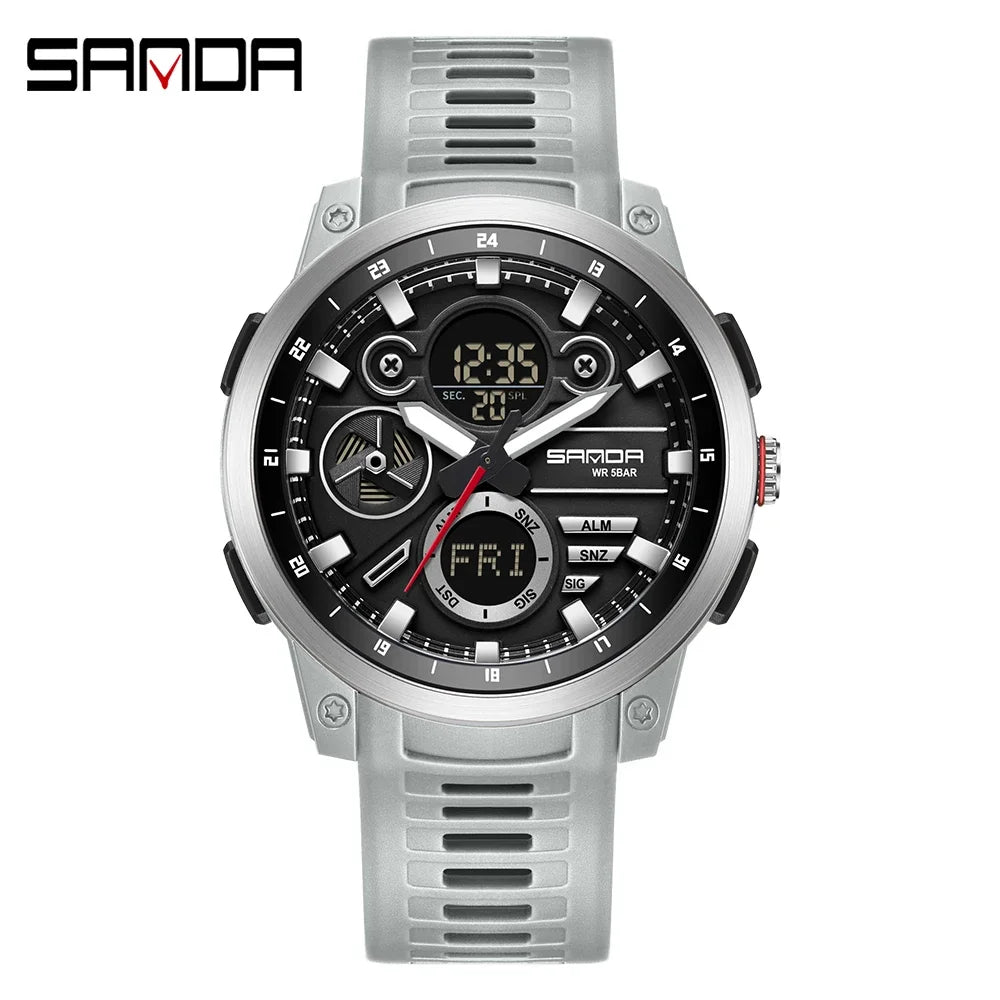 SANDA 3379 Fashion Men's Electronic Watch Dual Screen Sports Type Multi functional Waterproof LED Leisure Men's Electronic Watch