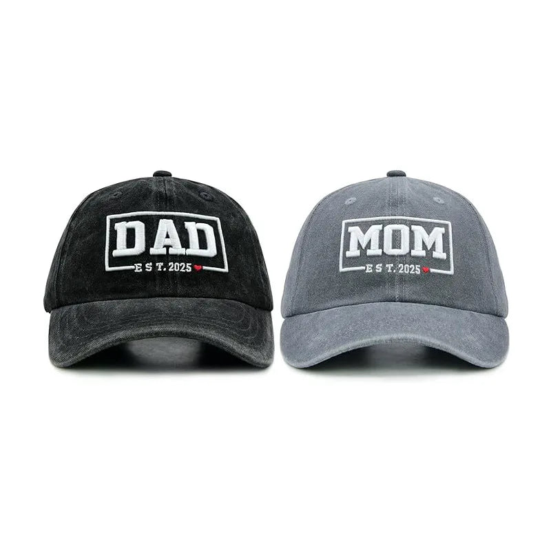 DAD & MOM Embroidered Washed-Cotton Cap Set — 2 Pieces