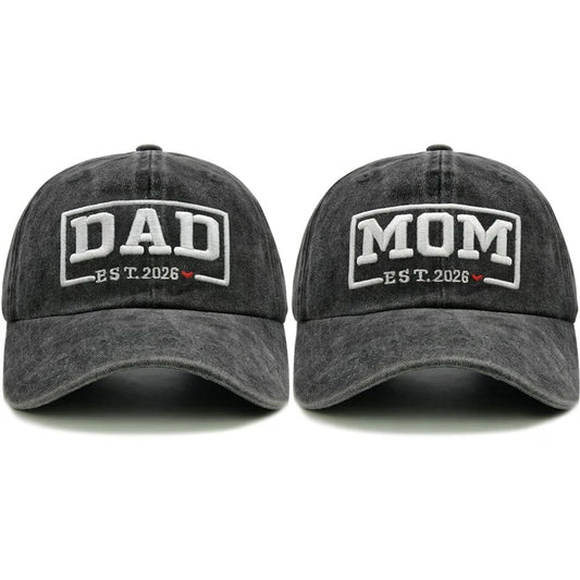 DAD & MOM Embroidered Washed-Cotton Cap Set — 2 Pieces